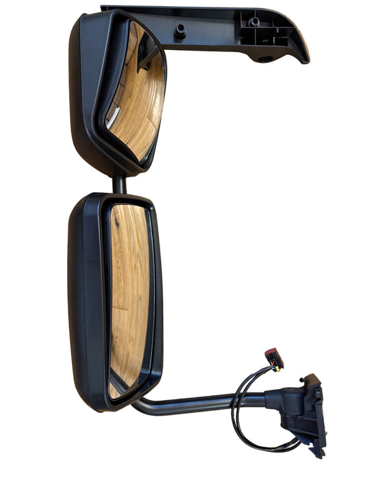 Rear view, long arm mirror arm, fully assembled mirrors on arm, heated, electrical adjusting (wide angle mirror adjusts manually), with temperature senor and door cover, LH, RHD, fitting DAF LF, Renault Midlum/Premium/Kerax, Volvo FL/FE