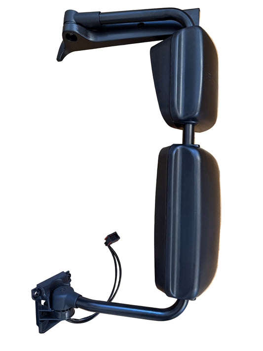 Rear view, long arm mirror arm, fully assembled mirrors on arm, heated, electrical adjusting (wide angle mirror adjusts manually), with temperature senor and door cover, LH, RHD, fitting DAF LF, Renault Midlum/Premium/Kerax, Volvo FL/FE