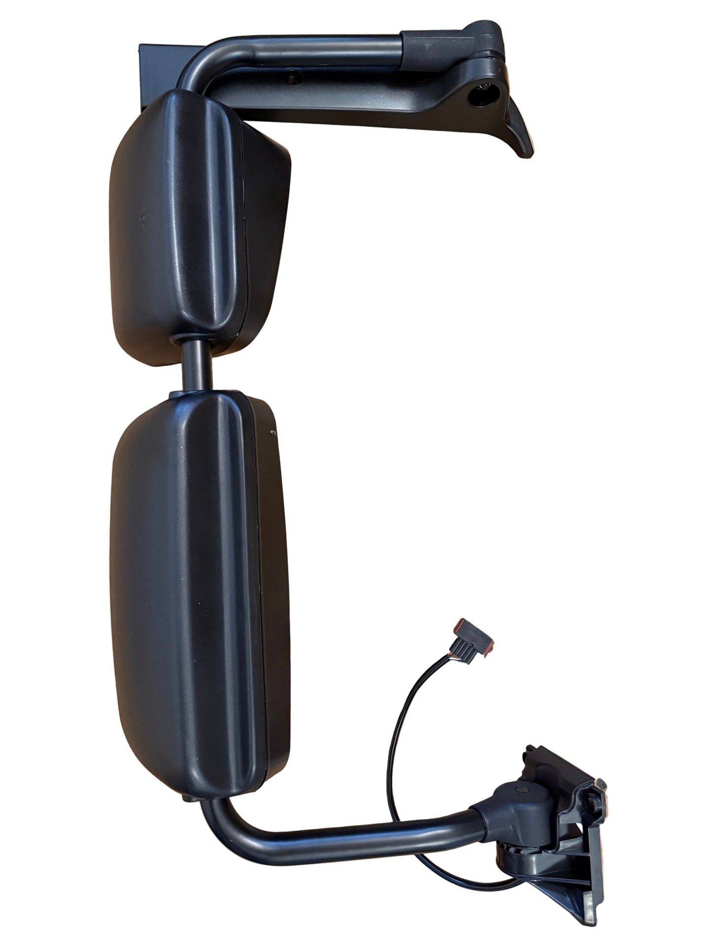 Rear view, long arm mirror arm, fully assembled mirrors on arm, heated, electrical adjusting (wide angle mirror adjusts manually), with temperature senor and door cover, RH, RHD, fitting DAF LF, Renault Midlum/Premium/Kerax, Volvo FL/FE