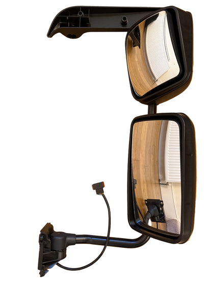 Rear view, long arm mirror arm, fully assembled mirrors on arm, heated, electrical adjusting (wide angle mirror adjusts manually), with temperature senor and door cover, RH, RHD, fitting DAF LF, Renault Midlum/Premium/Kerax, Volvo FL/FE